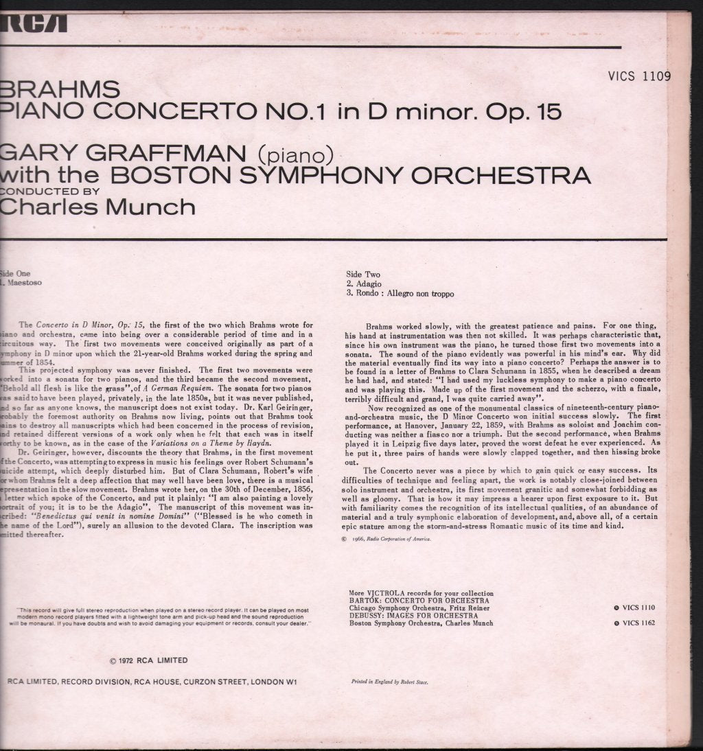 Gary Graffman / Charles Munch / Boston Symphony Orchestra - Brahms - Concerto No. 1, In D Minor, Op. 15 - Lp