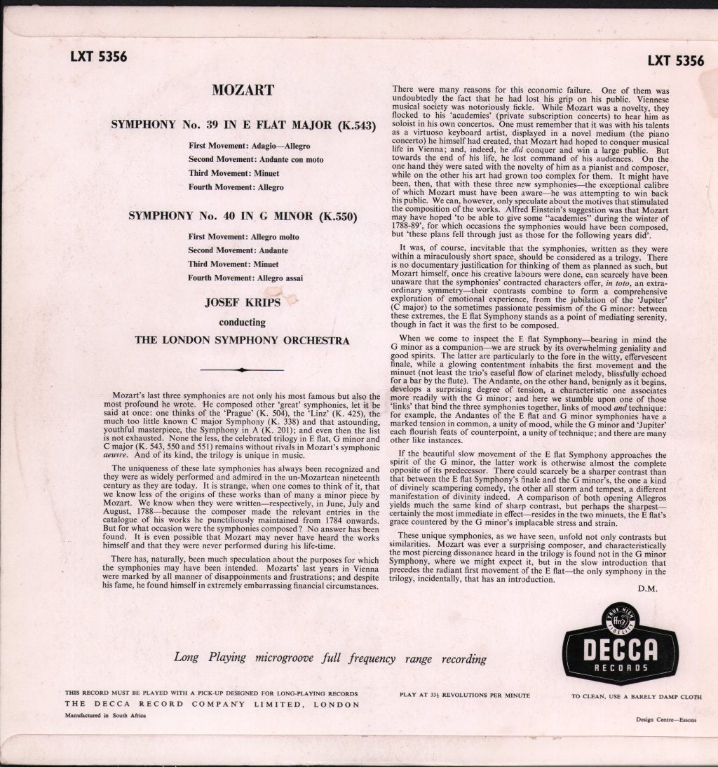 Josef Krips / London Symphony Orchestra - Mozart - Symphony No. 39 / Symphony No. 40 - Lp