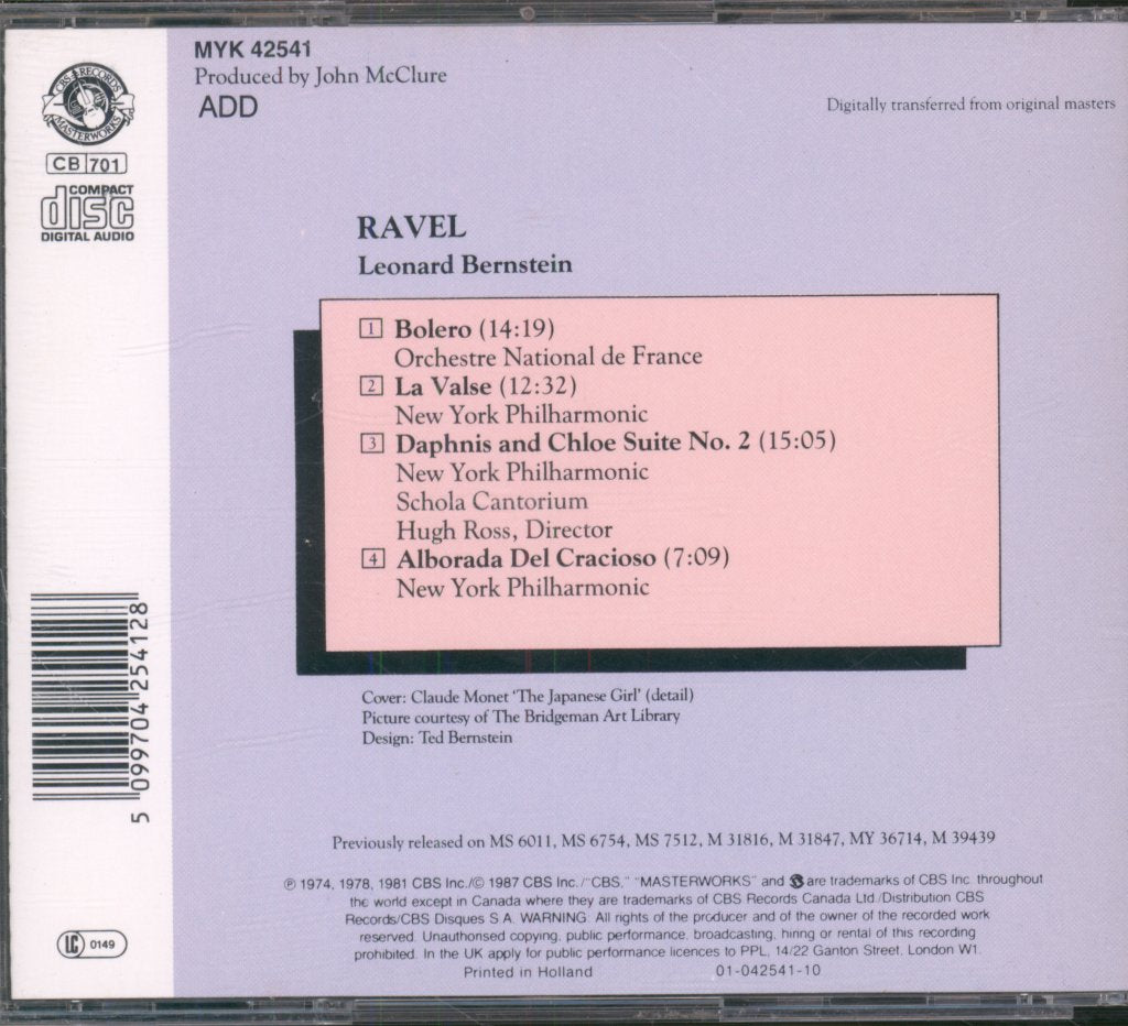Leonard Bernstein / New York Philharmonic - Ravel - Bolero / La Valse / Daphnis Et Chloe Suite No. 2 / Alborada Del Gracioso - Cd