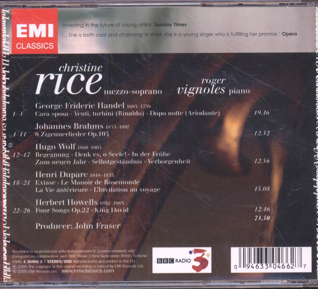 Christine Rice, Roger Vignoles - chrisine rice handel brahms wolf dupard howells - Cd
