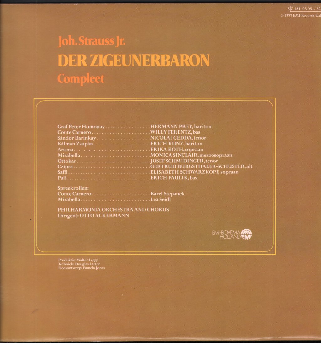 Elisabeth Schwarzkopf / Nicolai Gedda / Hermann Prey / Philharmonia Chorus & Orchestra / Otto Ackermann - Johann Strauss Jr. - Der Zigeunerbaron - Compleet - Double Lp