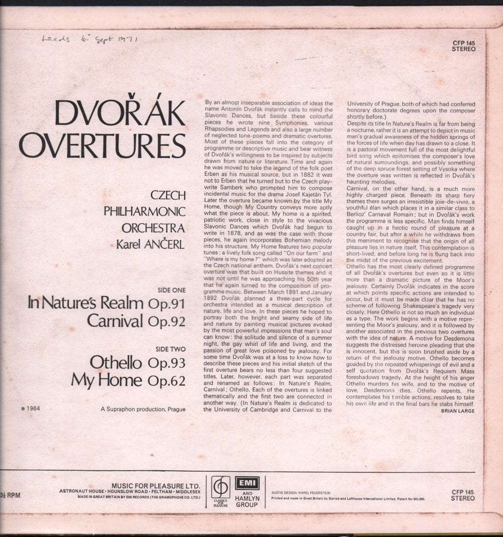Karel Ancerl / Czech Philharmonic Orchestra - Dvorak Overtures - Othello, My Home, In Nature's Realm, Carnival Overture - Lp