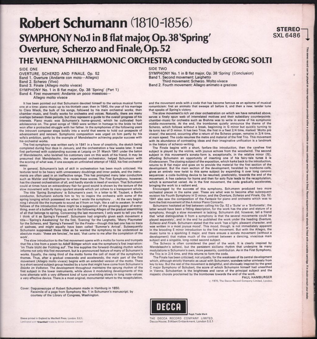 Georg Solti / Vienna Philharmonic Orchestra - Schumann - Symphony No.1 Op. 38 'Spring' / Overture, Scherzo And Finale, Op. 52 - Lp