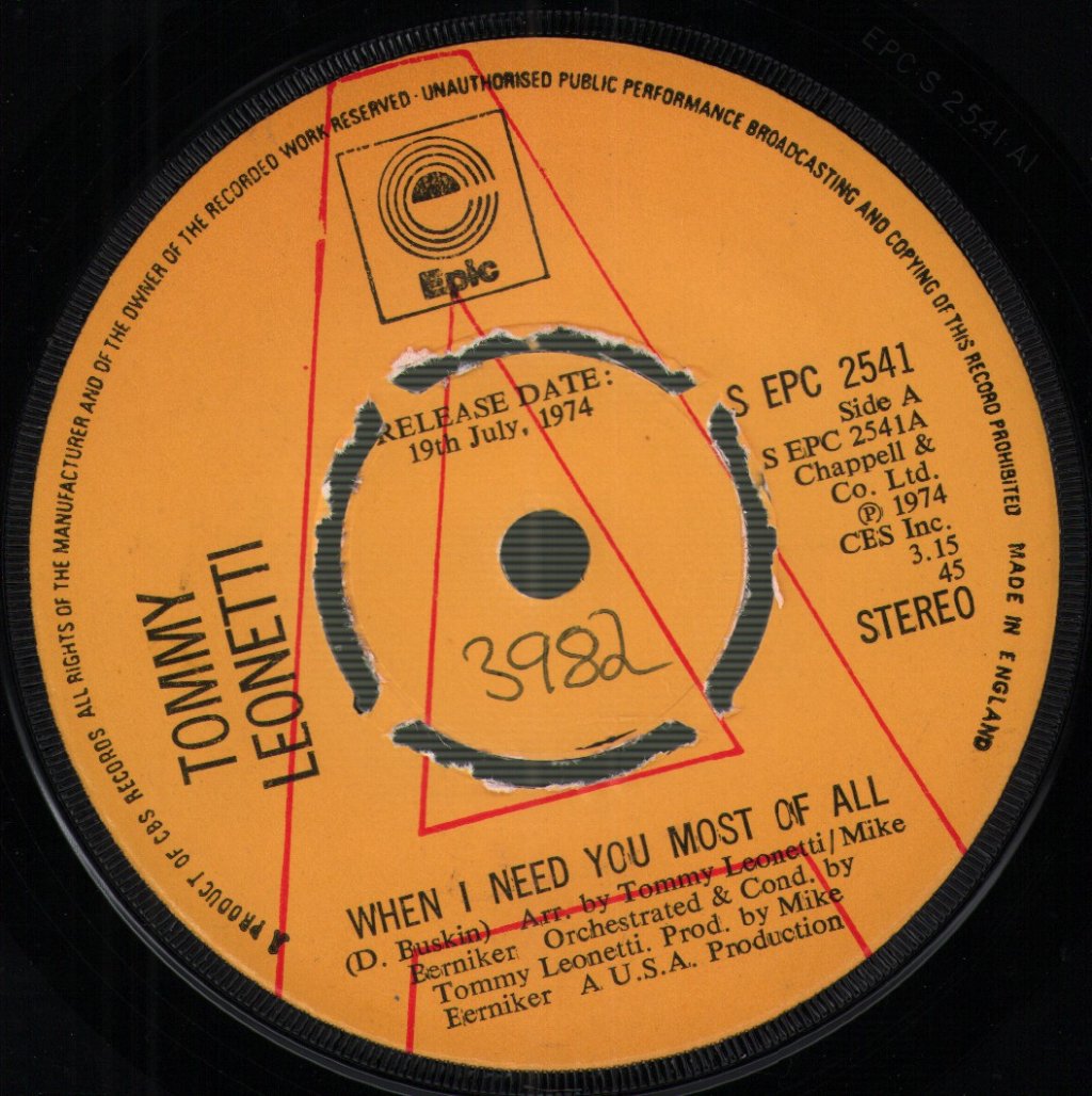 Tommy Leonetti - When I Need You Most Of All - 7 Inch