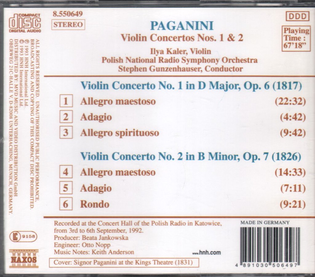 Stephen Gunzenhauser / Polish National Radio Symphony Orchestra - Paganini - Violin Concertos No. 1, Op. 6  & No. 2, Op. 7 - Cd
