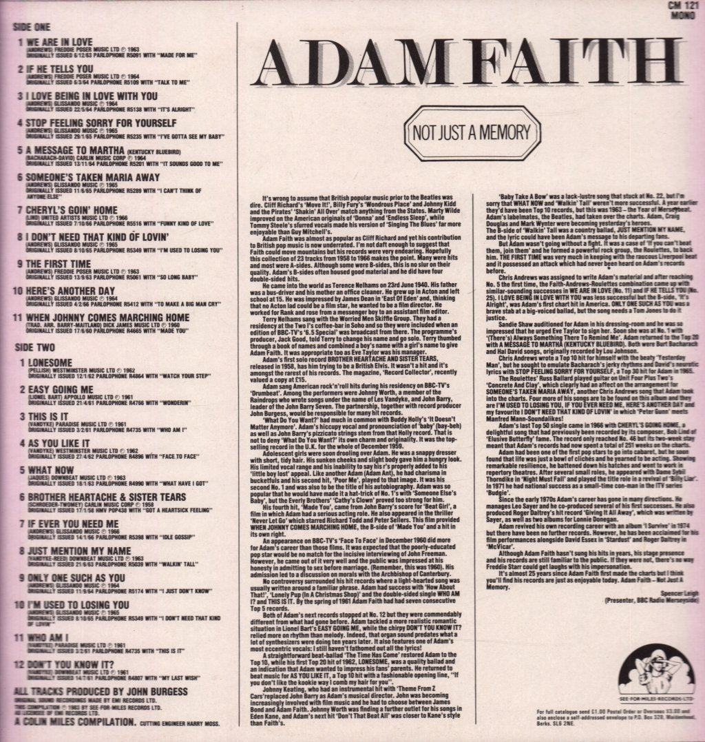 Adam Faith - Not Just A Memory - Lp