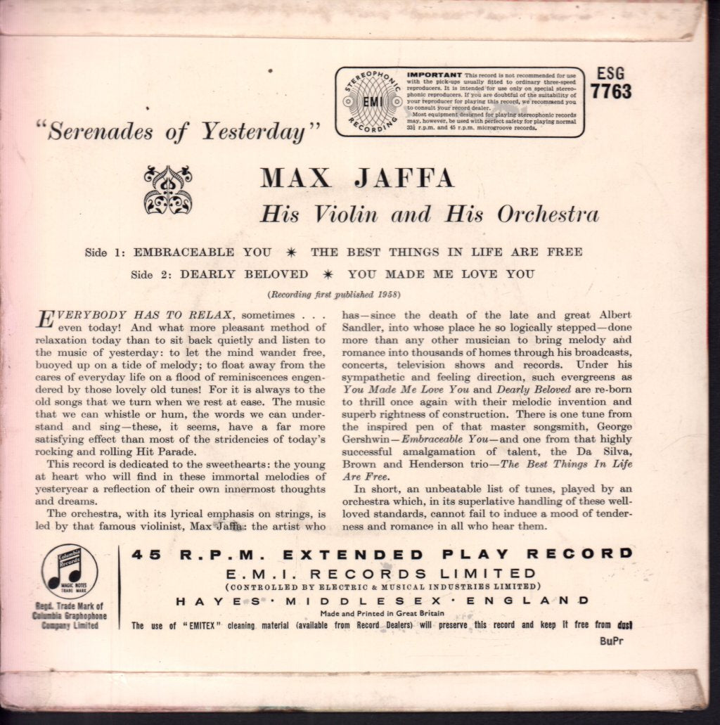 Max Jaffa His Violin And His Orchestra - Serenades Of Yesterday - 7 Inch