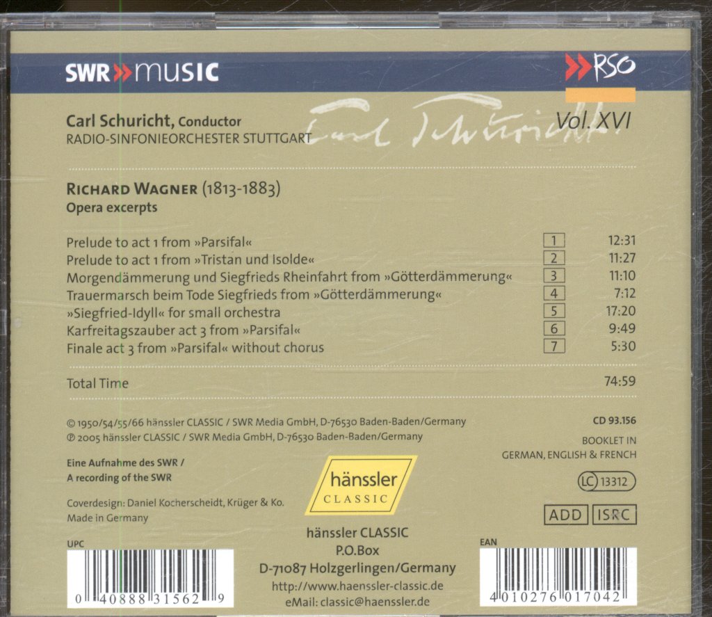 Radio-Sinfonieorchester Stuttgart, Carl Schuricht - Wagner - Opera Excerpts: »Parsifal«; »Tristan Und Isolde«; »Götterdämmerung«; »Siegfried-Idyll« For Small Orchestra - Cd