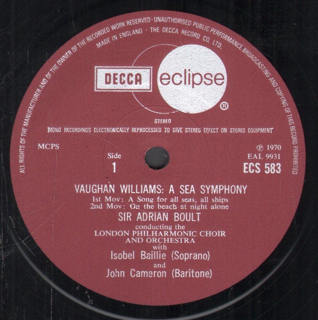 Sir Adrian Boult / Isobel Baillie / John Cameron - Vaughan Williams - A Sea Symphony - Lp