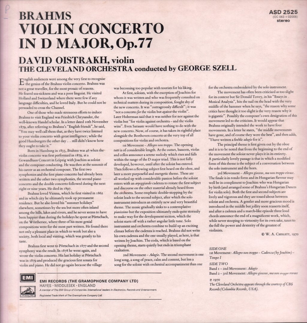 David Oistrakh / George Szell / Cleveland Orchestra - Brahms Violin Concerto - Lp