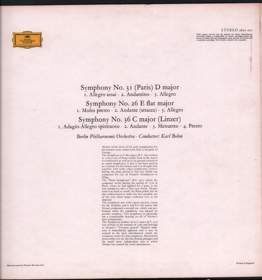 Karl Bohm / Berlin Philharmonic - Wolfgang Amadeus Mozart - Symphonies Nos. 26, 31 & 36 - Lp