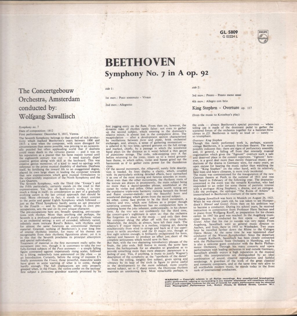 Wolfgang Sawallisch / Concertgebouw Orchestra - Beethoven - Symphony No.7 in A, Op.92 / King Stephen Overture, Op. 117 - Lp