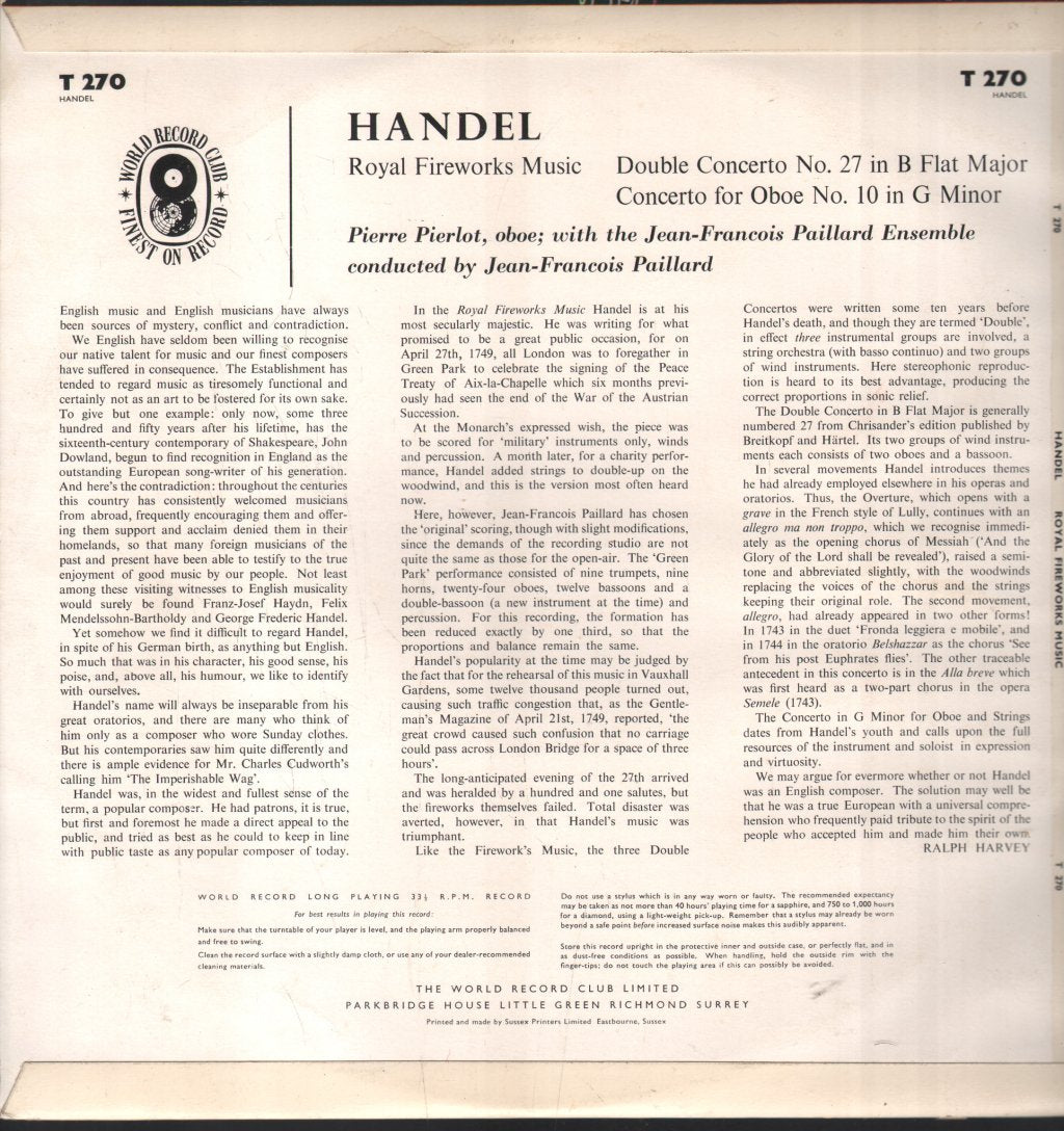 Pierre Pierlot / Jean-Francois Paillard Ensemble - Handel - Royal Fireworks Music / Double Concerto In B Flat Major - Lp