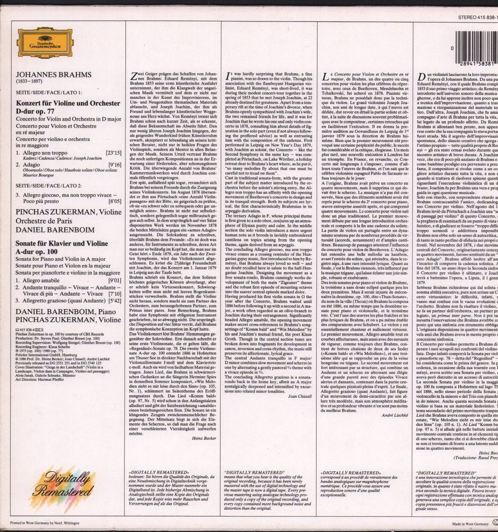 Pinchas Zukerman / Daniel Barenboim - Johannes Brahms - Violin Concerto / Sonata No.2 - Lp