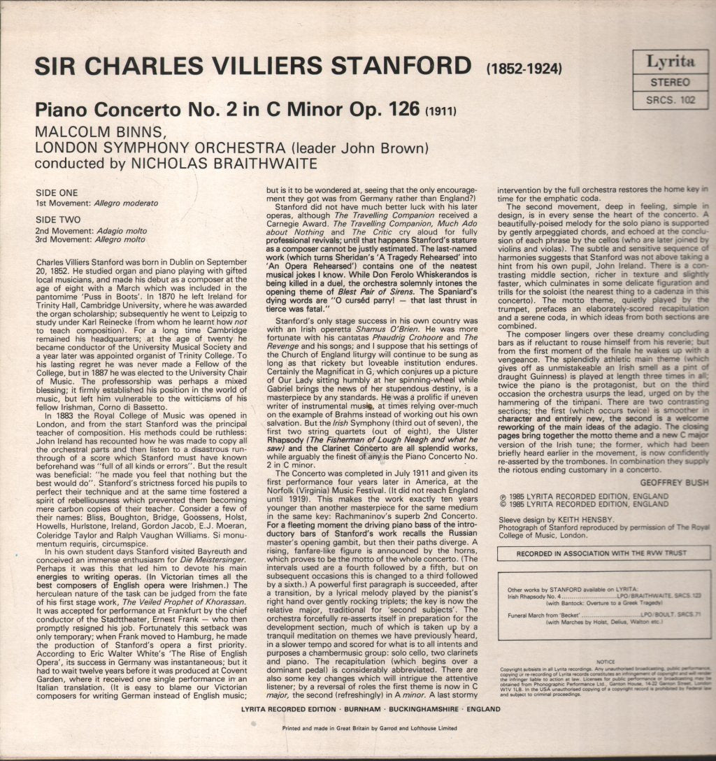 Malcolm Binns / London Symphony Orchestra / Nicholas Braithwaite - Stanford - Piano Concerto No. 2 - Lp