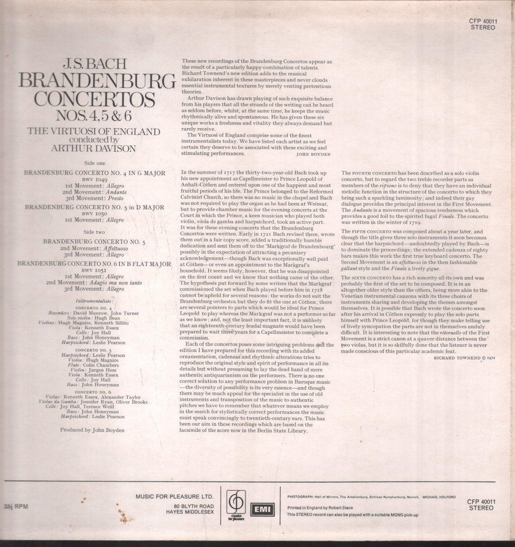 Arthur Davison / Virtuosi Of England - Bach - Brandenburg Concertos No. 4 In G Major / No. 5 In D Major / No. 6 In B Flat Major - Lp