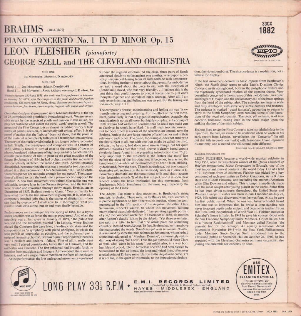 George Szell And The Cleveland Orchestra - brahms Piano Concerto No. 1 - Lp