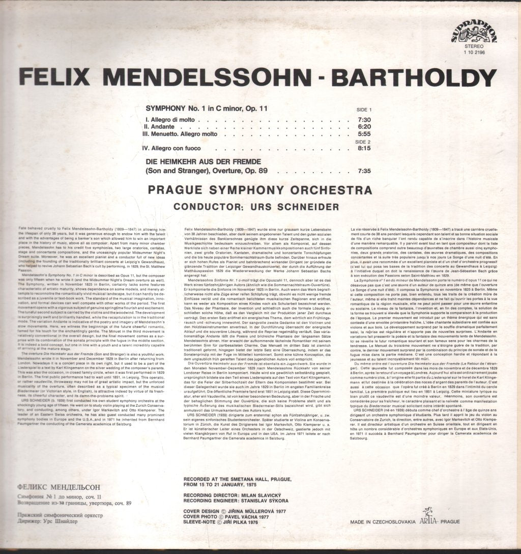 Prague Symphony Orchestra / Urs Schneider - Mendelssohn Symphony No.1 In C Minor / Heimer Aus Der Fremde Overture - Lp