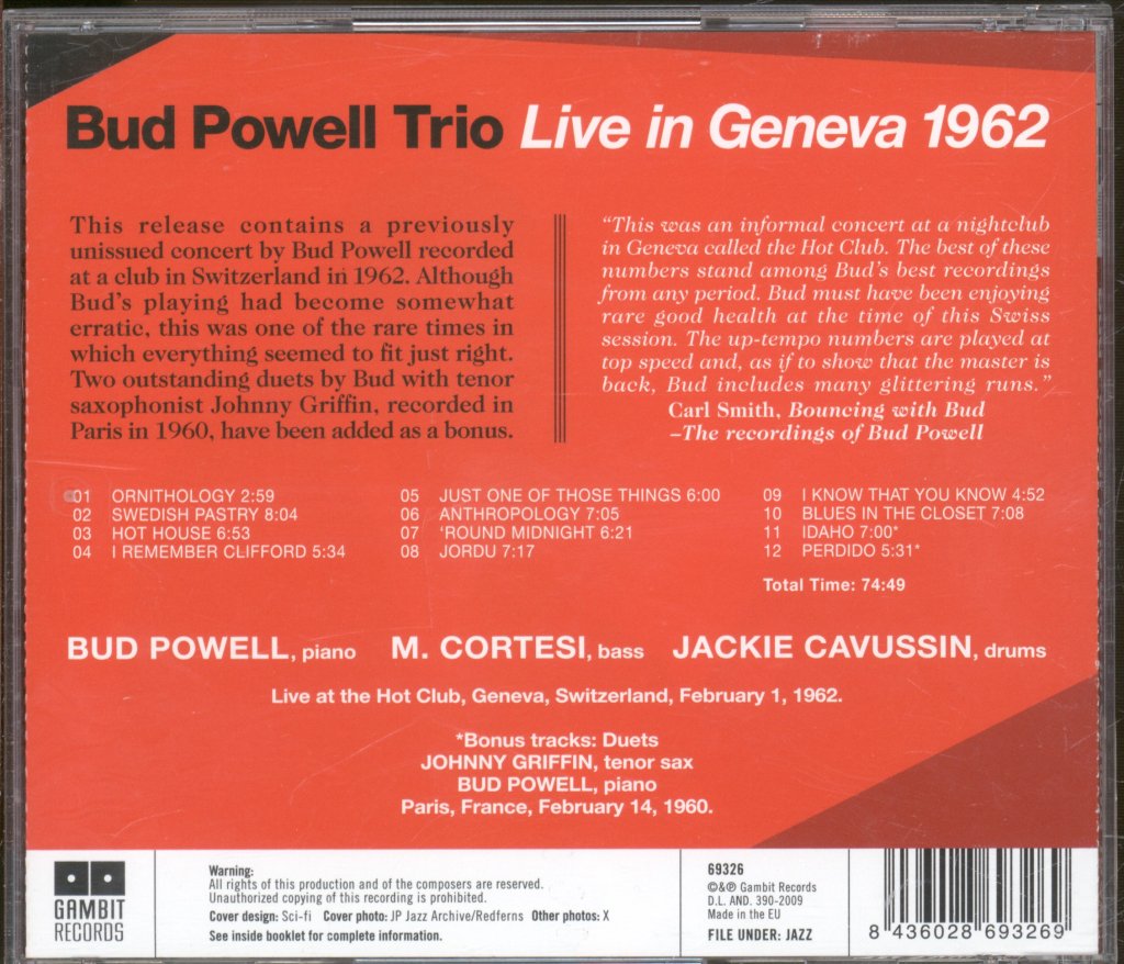 Bud Powell Trio - Live In Geneva 1962 - Cd