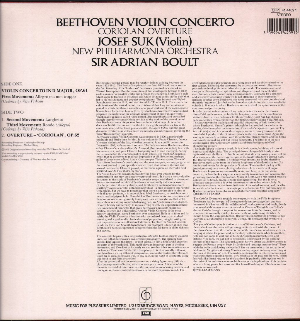 Josef Suk / Sir Adrian Boult  / New Philharmonia Orchestra - Beethoven Violin Concerto, Coriolan Overture - Lp