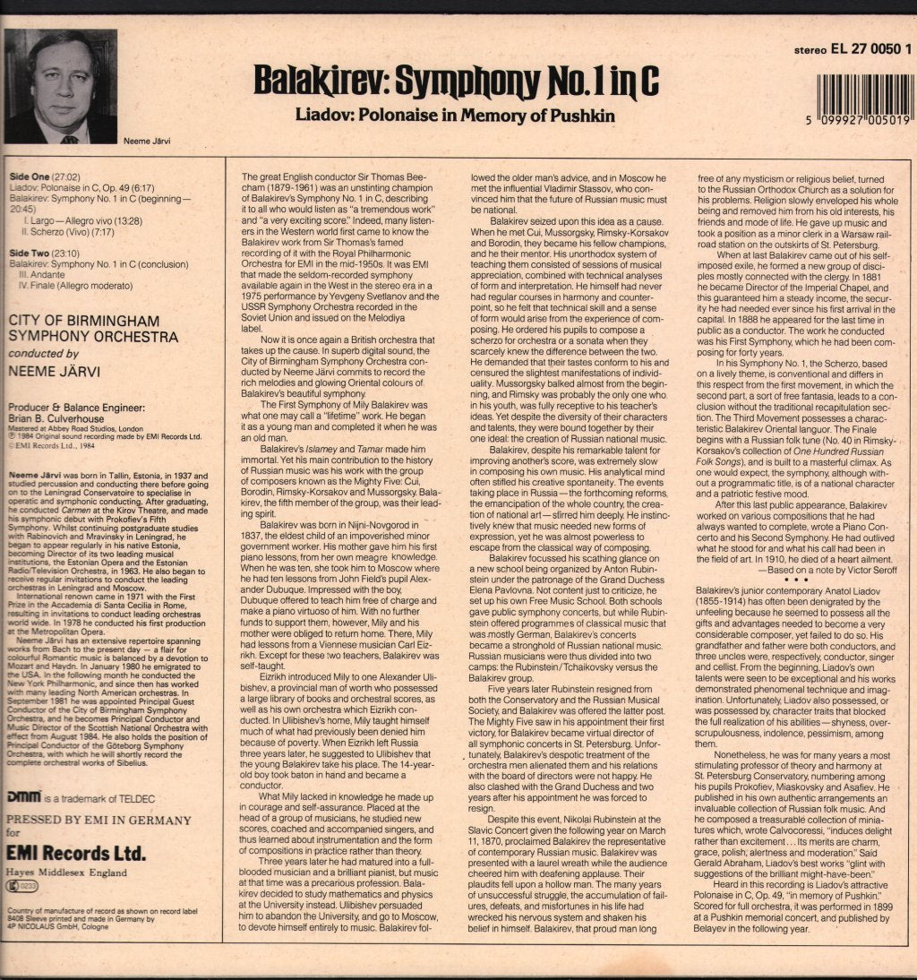 City Of Birmingham Symphony Orchestra / Neeme Jarvi - Balakirev - Symphony No. 1 In C / Liadov - Polonaise - Lp