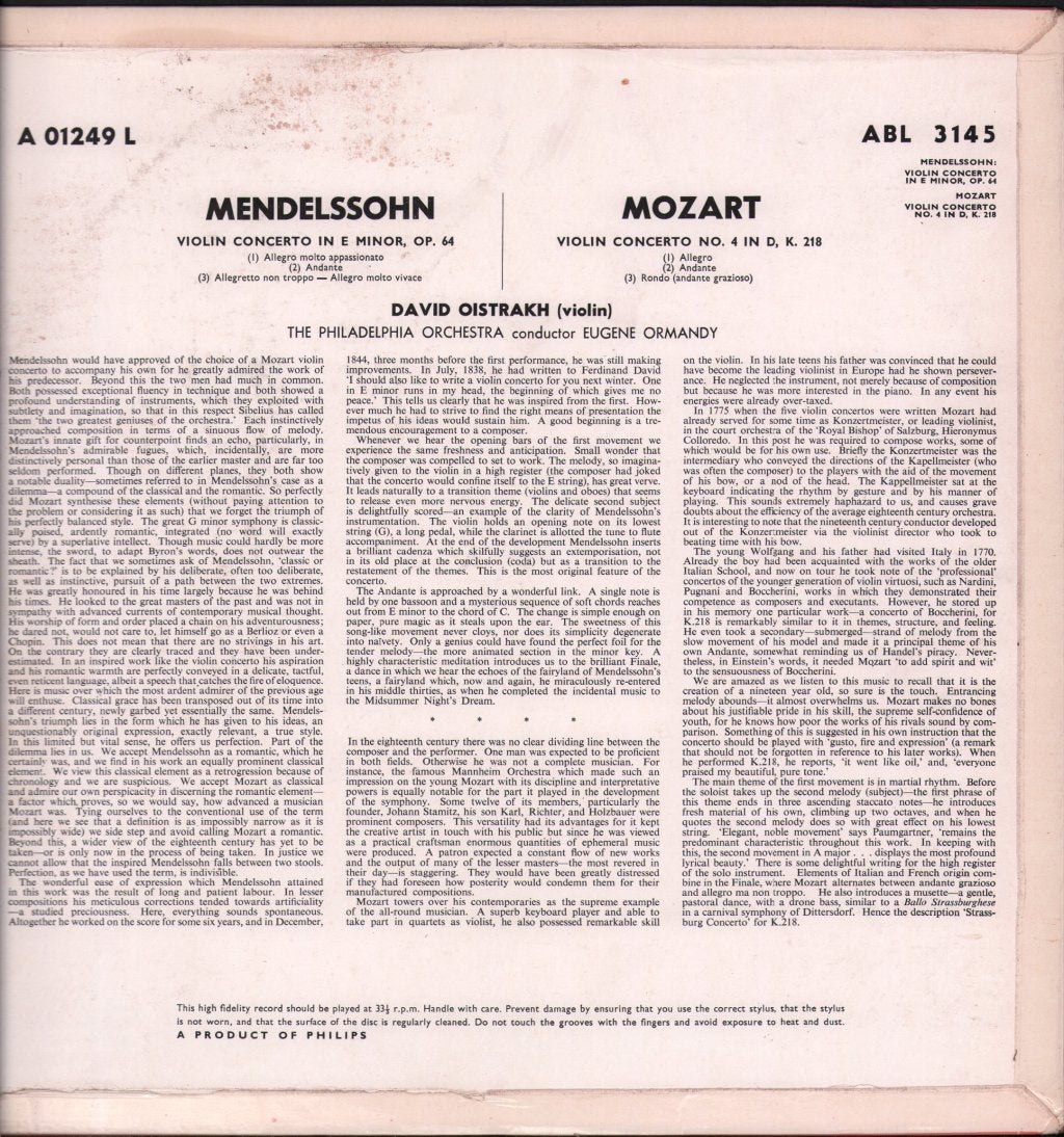 David Oistrakh / Eugene Ormandy / Philadelphia Orchestra - Mendelssohn - Violin Concerto In E Minor, Op. 64 / Mozart - Violin Concerto No. 4 In D, K. 218 - Lp