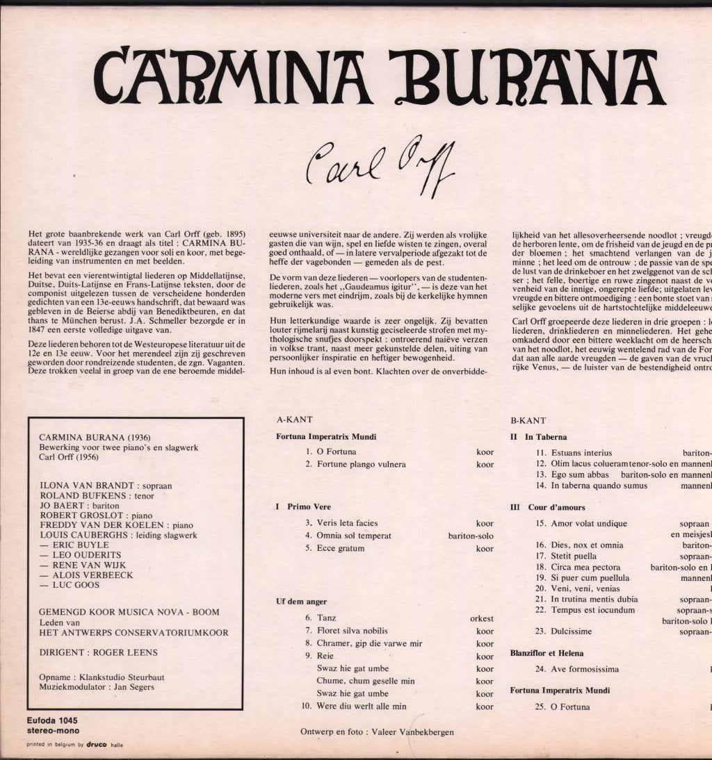 Ilona Van Brandt / Roland Bufkens / Jo Baert / Roger Leens - Carl Orff - Carmina Burana - Lp