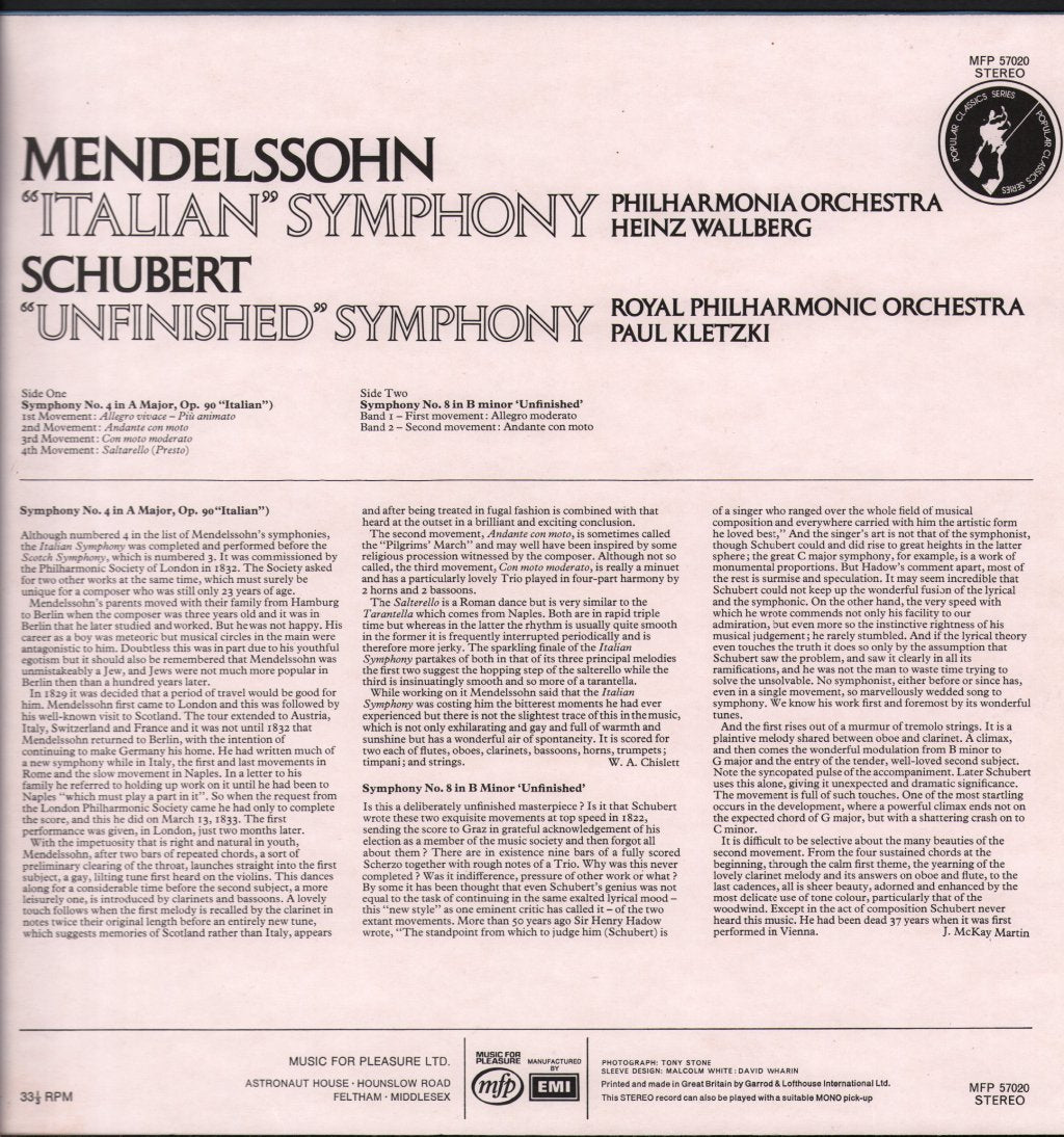 Philharmonia Orchestra / Heinz Wallberg / Royal Philharmonic / Paul Kletzki - Mendelssohn - Italian Symphony / Schubert - Unfinished Symphony - Lp