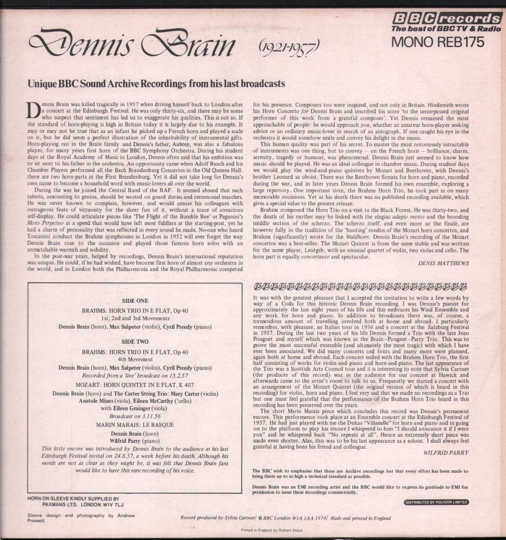 Dennis Brain - Unique BBC Sound Archive Recordings From His Last Broadcasts - Lp