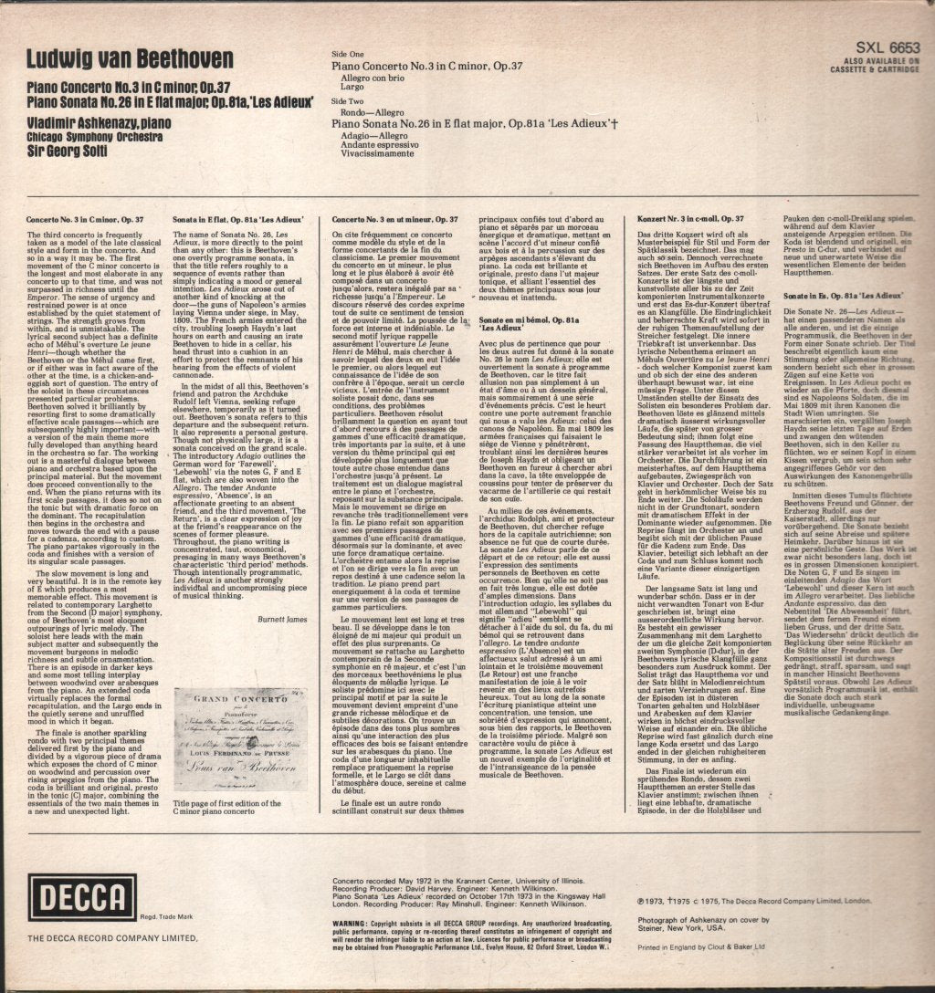 Vladimir Ashkenazy / Sir Georg Solti / Chicago Symphony - Beethoven - Piano Concerto No.3 / Piano Concerto No.26 - Lp