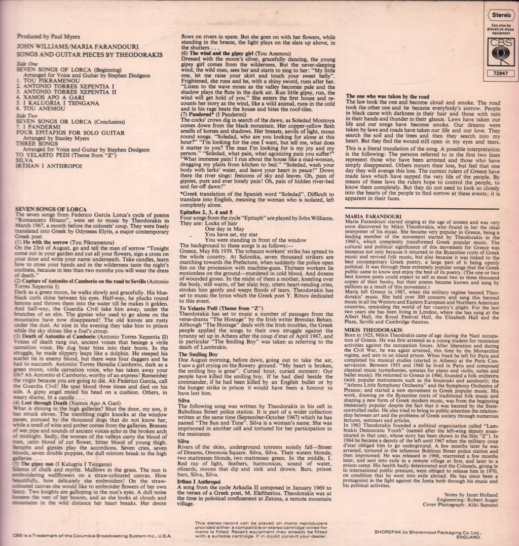 john williams maria farandouri - Songs And Guitar Pieces By Theodorakis - Lp