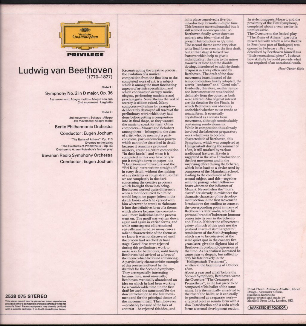 Eugen Jochum / Berlin Philharmonic Orchestra / Bavarian Radio Symphony Orchestra - Ludwig van Beethoven - Symphony No. 2 In D, Op. 36 / Overture "The Creatures Of Athens" Op. 113 - Lp