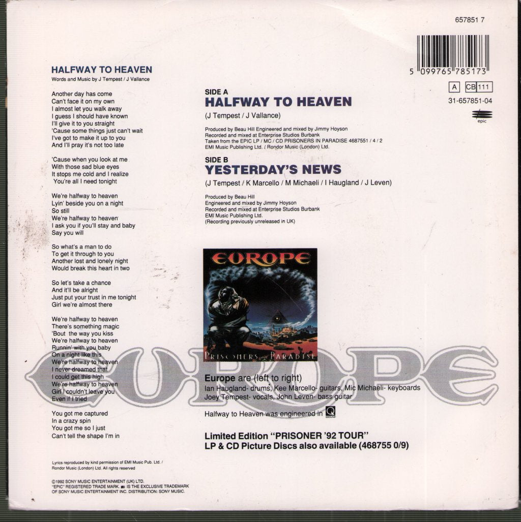 Europe - Halfway To Heaven - 7 Inch