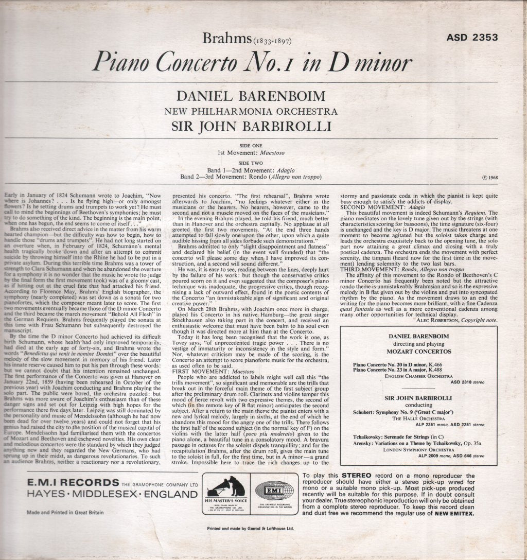 Daniel Barenboim / Sir John Barbirolli / New Philharmonia Orchestra - Brahms Piano Concerto No.1 In D Minor - Lp