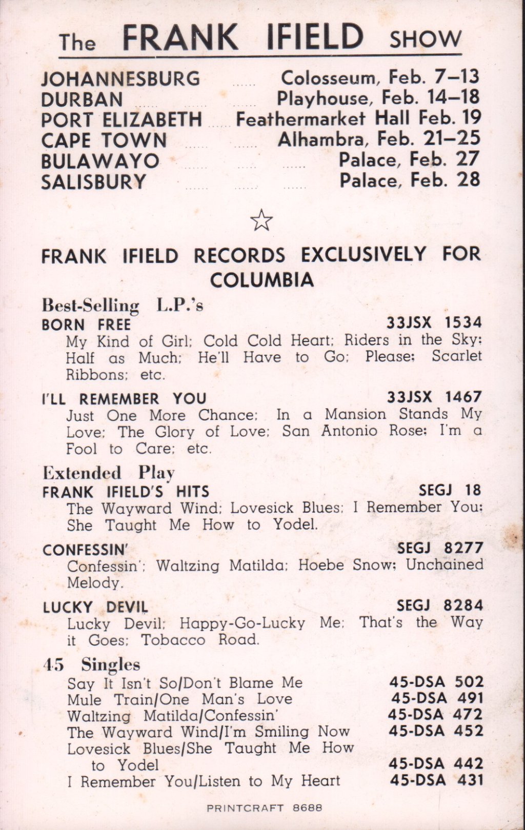 Frank Ifield - frank ifield show - Card
