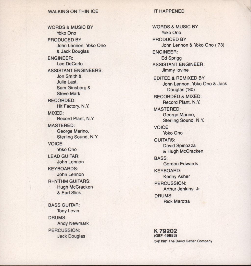 Yoko Ono - Walking On Thin Ice - 7 Inch