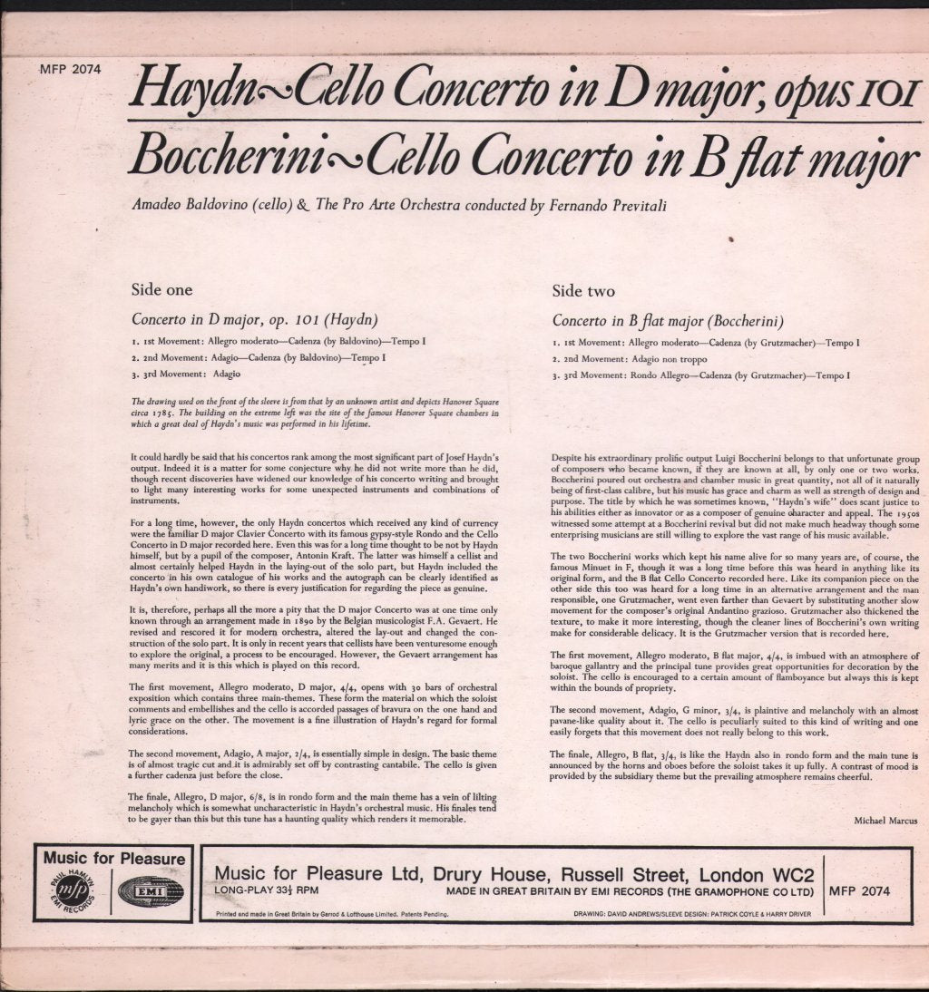 Amadeo Baldovino / Pro Arte Orchestra - Haydn - Cello Concerto in D Major, Opus 101 / Boccherini - Cello Concerto in B Flat Major - Lp