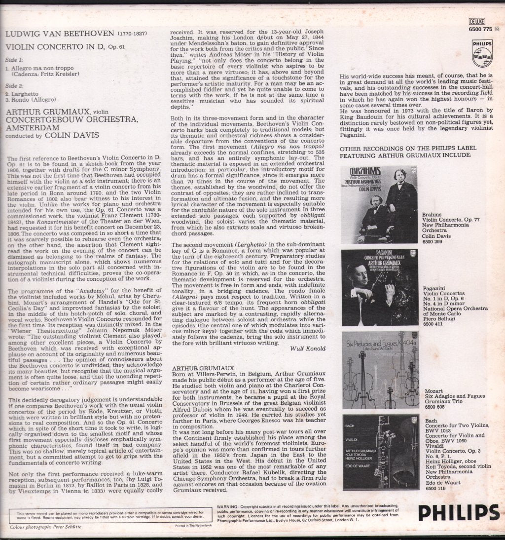 Arthur Grumiaux / Colin Davis / Concertgebouw Orchestra, Amsterdam - Beethoven - Violin Concerto - Lp