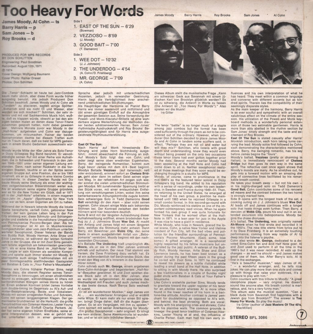 James Moody - Too Heavy For Words - Lp