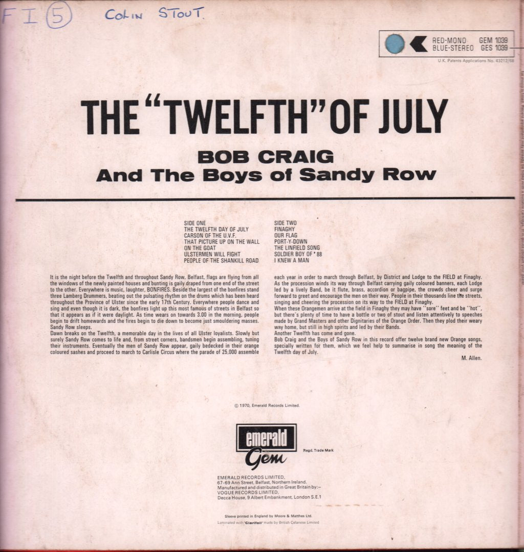 Bob Craig And The Boys Of Sandy Row - Twelfth Of July - Lp