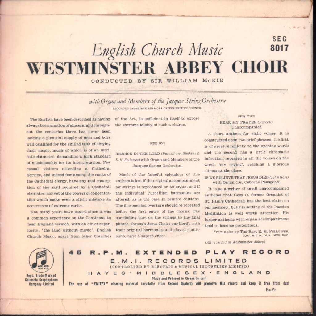 Choir Of Westminster Abbey - English Church Music - 7 Inch