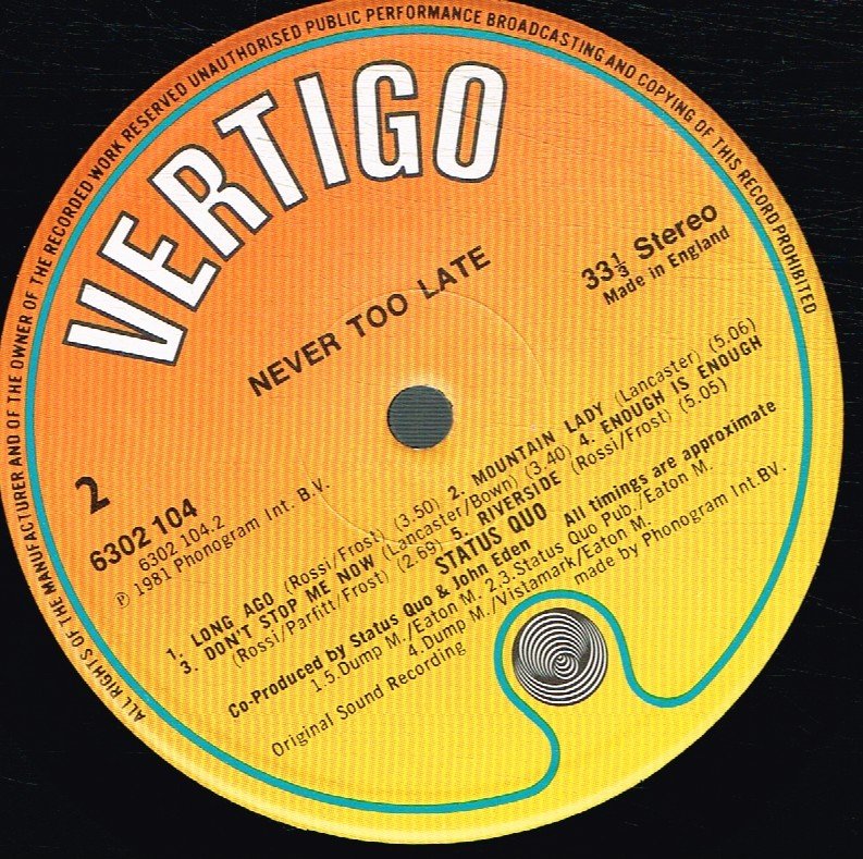 Status Quo - Never Too Late - Lp