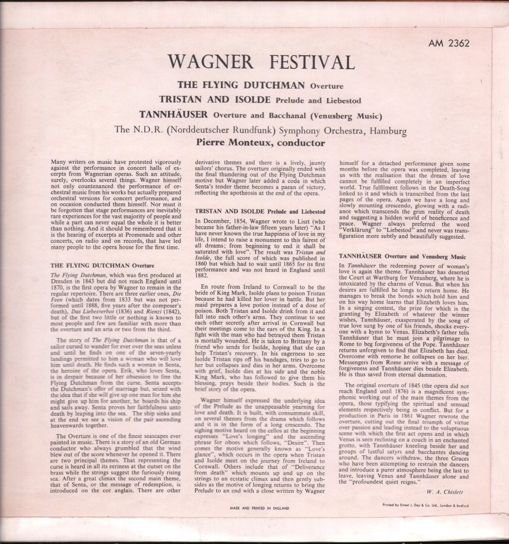 Pierre Monteux / N.D.R. Symphony Orchestra, Hamburg - Wagner - Tristan And Isolde / Flying Dutchman - Lp