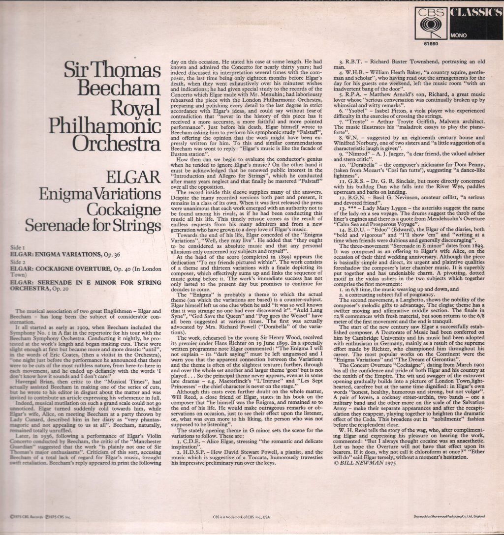 Sir Thomas Beecham / Royal Philharmonic Orchestra - Elgar - Enigma Variations / Cockaigne Overture, Op. 40 - Serenade For String Orchestra, Op. 20 - Lp
