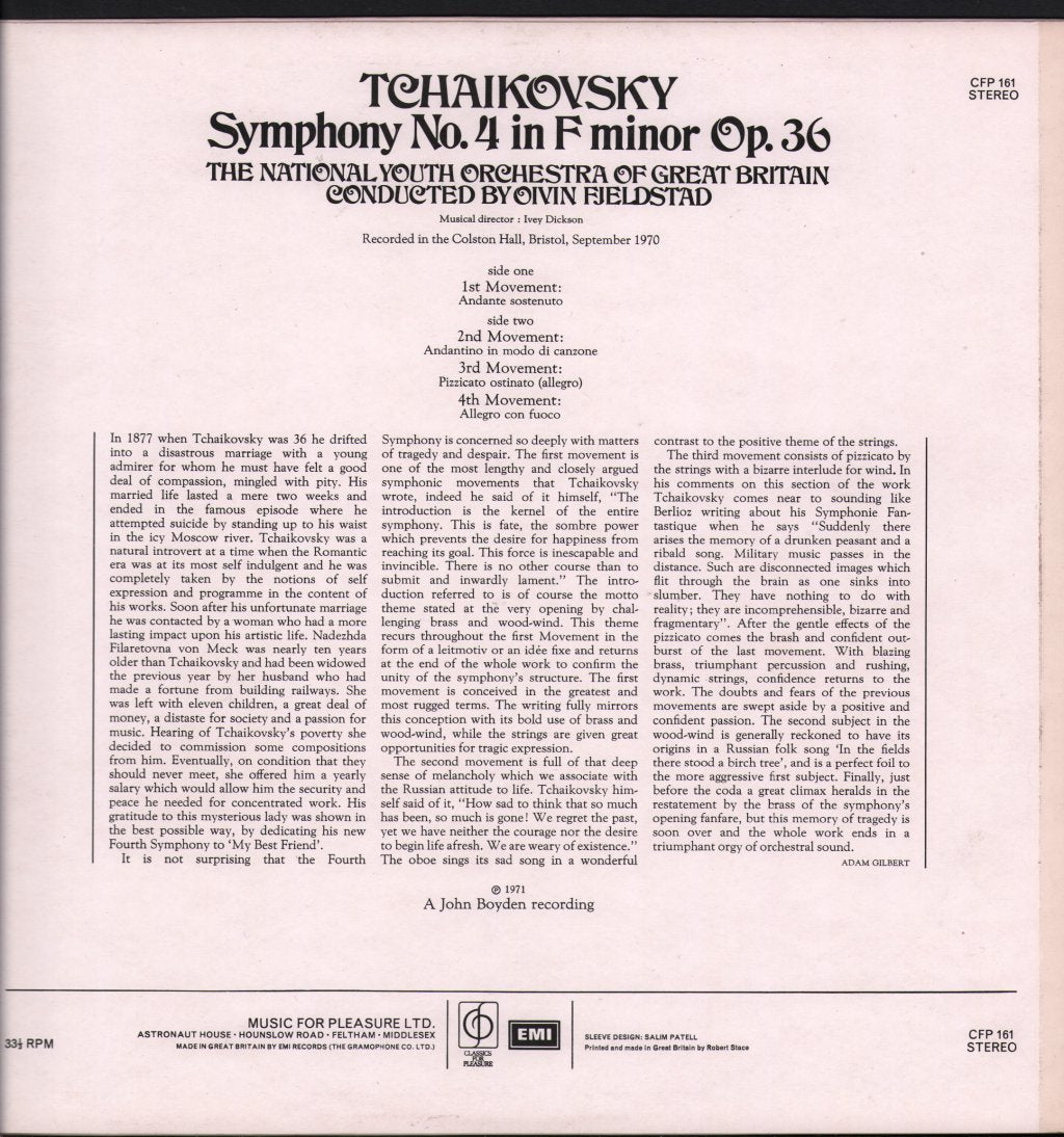 Oivin Fjeldstad / National Youth Orchestra Of Great Britain - Tchaikovsky Symphony No. 4 - Lp
