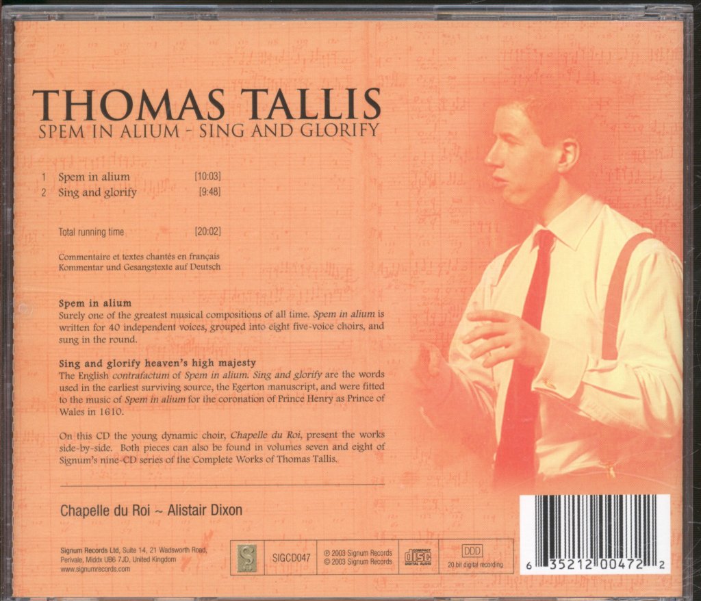 Chapelle Du Roi, Alistair Dixon - Thomas Tallis - Spem In Alium - Sing And Glorify - Cd