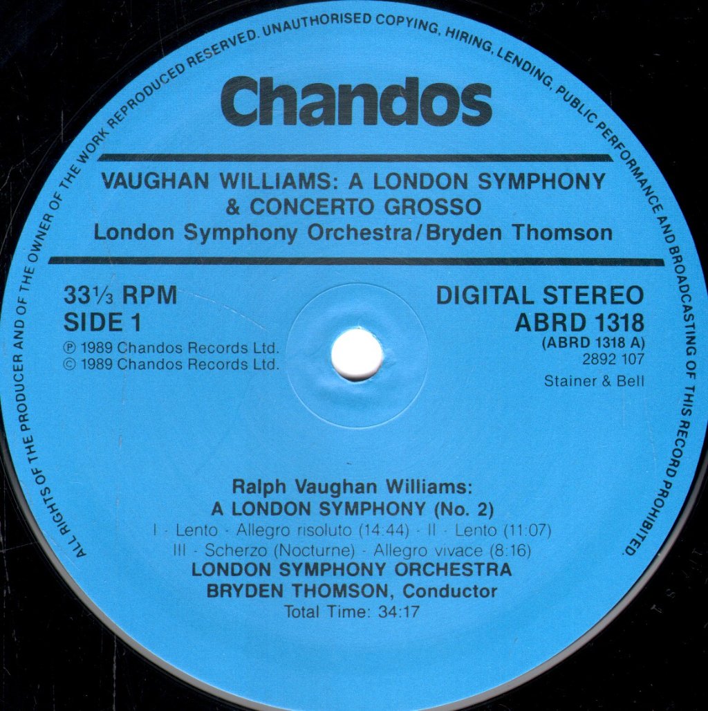 Bryden Thomson / London Symphony Orchestra - Vaughan Williams A London Symphony No.2 / Concerto Grosso - Lp