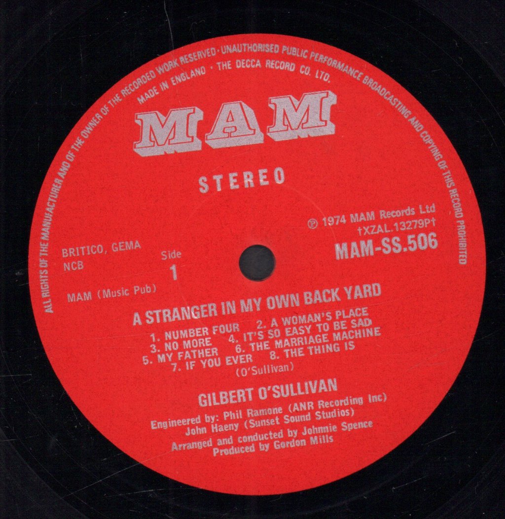 Gilbert O'Sullivan - A Stranger In My Own Back Yard - Lp