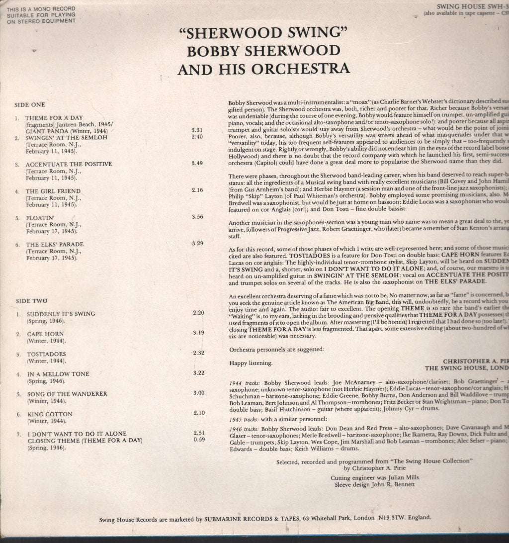 Bobby Sherwood And His Orchestra - Sherwood Swing - Lp