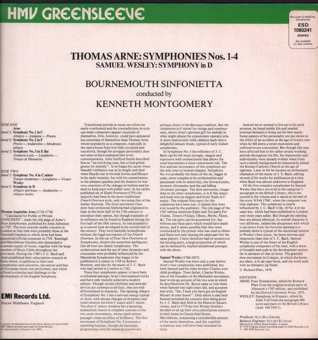 Kenneth Montgomery / Bournemouth Sinfonietta - Arne - Four Symphonies / Wesley - Symphony In D - Lp